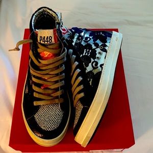 P448 Black and White Lace-Pattern High-Top Sneakers